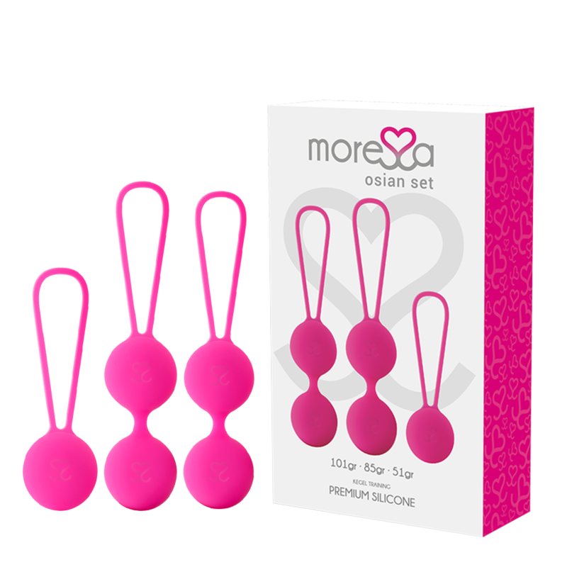 Imagen que nos facilita MORESSA de su producto erótico MORESSA - OSIAN SET PREMIUM SILICONA ROSA (Osian One - 51 g | Osian Two - 101 g | Osian Three 85 g) para nuestra categoría "JUGUETES BIENESTAR |Juguetes para Mujeres|Bolas Chinas|Bolas Silicona".