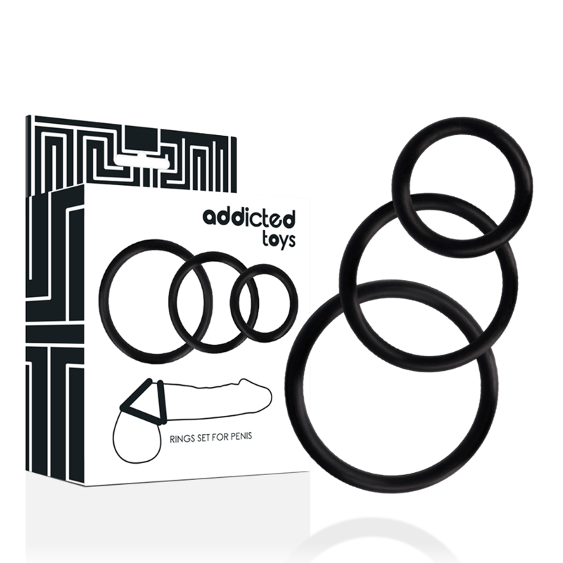 Imagen que nos facilita ADDICTED TOYS de su producto erótico ADDICTED TOYS - SET ANILLOS PENE NEGRO para nuestra categoría "JUGUETES BIENESTAR |Juguetes para Hombres|Accesorios para el pene|Anillos Pene|Anillos sin vibración".