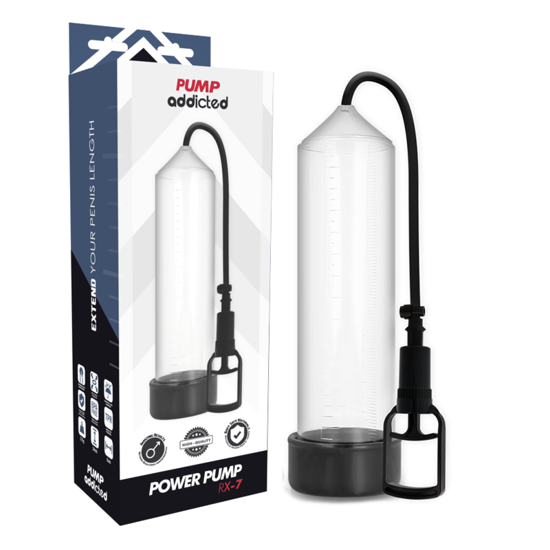 Imagen que nos facilita PUMP ADDICTED de su producto erótico PUMP ADDICTED - BOMBA ERECCIÓN RX7 TRANSPARENTE para nuestra categoría "JUGUETES BIENESTAR |Juguetes para Hombres|Accesorios para el pene|Bomba Alargadora Pene".