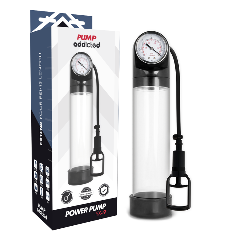 Imagen que nos facilita PUMP ADDICTED de su producto erótico PUMP ADDICTED - BOMBA ERECCIÓN RX9 TRANSPARENTE para nuestra categoría "JUGUETES BIENESTAR |Juguetes para Hombres|Accesorios para el pene|Bomba Alargadora Pene".