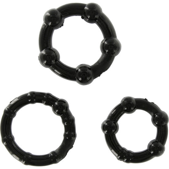 Imagen que nos facilita SEVEN CREATIONS de su producto erótico SEVEN CREATIONS - JUEGO TRES ANILLOS PENE NEGRO para nuestra categoría "JUGUETES BIENESTAR |Juguetes para Hombres|Accesorios para el pene|Anillos Pene|Anillos sin vibración".