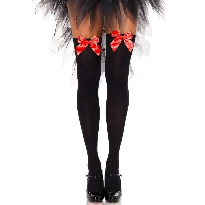 Imagen que nos facilita LEG AVENUE HOSIERY de su producto erótico LEG AVENUE - MEDIAS ALTAS NEGRAS CON LACITO ROJO TALLA ÚNICA para nuestra categoría "MODA & LENCERÍA|Lencería Mujer|Lencería Sexy|Medias".