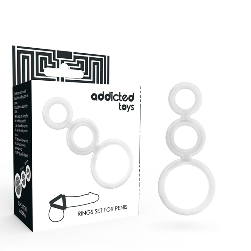 Imagen que nos facilita ADDICTED TOYS de su producto erótico ADDICTED TOYS - SET ANILLOS PENE Y TESTÍCULOS CLEAR para nuestra categoría "JUGUETES BIENESTAR |Juguetes para Hombres|Accesorios para el pene|Anillos Pene|Anillos sin vibración".