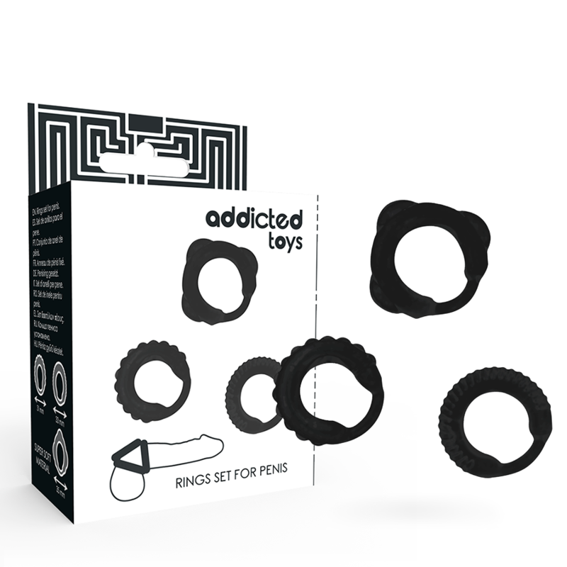 Imagen que nos facilita ADDICTED TOYS de su producto erótico ADDICTED TOYS - SET 3 ANILLOS PENE NEGRO para nuestra categoría "JUGUETES BIENESTAR |Juguetes para Hombres|Accesorios para el pene|Anillos Pene|Anillos sin vibración".