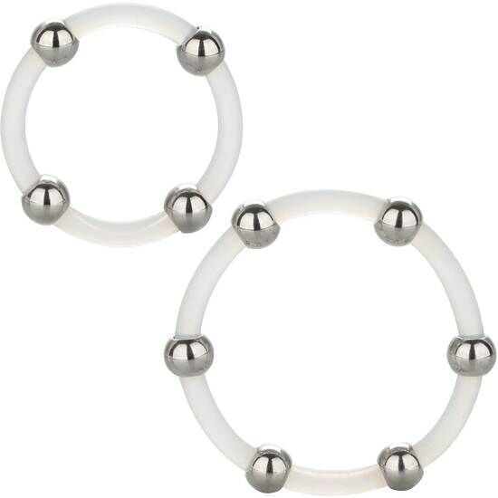Imagen que nos facilita CALEXOTICS de su producto erótico CALEXOTICS - KIT DE 2 UDS ANILLO DE SILICONA CON CUENTAS DE ACERO para nuestra categoría "JUGUETES BIENESTAR |Juguetes para Hombres|Accesorios para el pene|Anillos Pene|Anillos sin vibración".