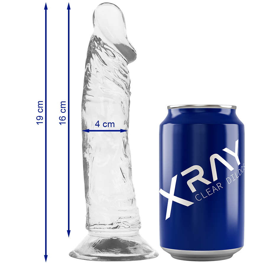 Imagen que nos facilita X RAY de su producto erótico X RAY - CLEAR DILDO TRANSPARENTE 19 CM -O- 4 CM para nuestra categoría "JUGUETES BIENESTAR |Dildos sin Vibración|Penes realisticos".