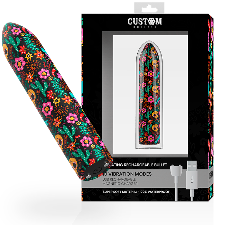 Imagen que nos facilita CUSTOM BULLETS de su producto erótico CUSTOM BULLETS - BALA RECARGABLE SKULL 10 INTENSIDADES para nuestra categoría "JUGUETES BIENESTAR |Juguetes para Mujeres|Estimuladores|Balas vibradoras".