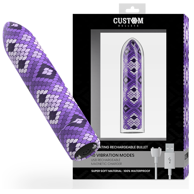 Imagen que nos facilita CUSTOM BULLETS de su producto erótico CUSTOM BULLETS - BALA RECARGABLE SNAKE LILA 10 INTENSIDADES para nuestra categoría "JUGUETES BIENESTAR |Juguetes para Mujeres|Estimuladores|Balas vibradoras".