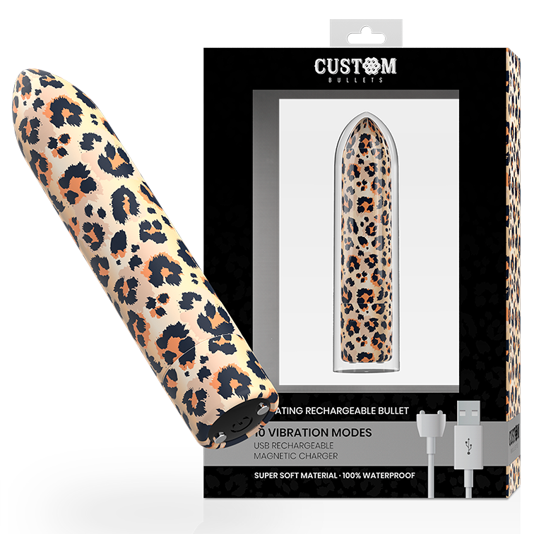 Imagen que nos facilita CUSTOM BULLETS de su producto erótico CUSTOM BULLETS - BALA RECARGABLE LEOPARD 10 INTENSIDADES para nuestra categoría "JUGUETES BIENESTAR |Juguetes para Mujeres|Estimuladores|Balas vibradoras".