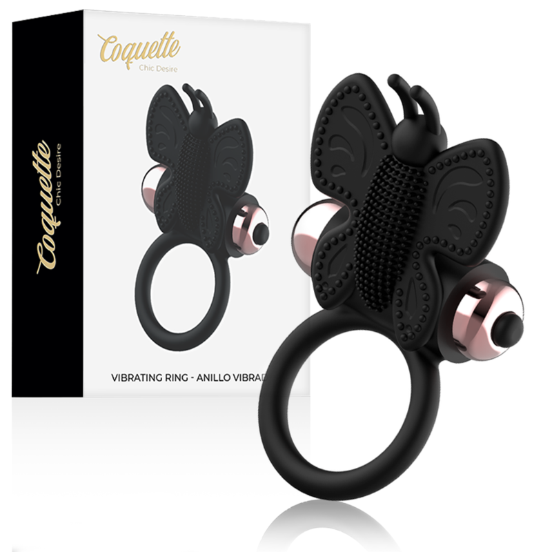 Imagen que nos facilita COQUETTE TOYS de su producto erótico COQUETTE CHIC DESIRE - COCK RING BUTTERFLY ANILLO VIBRADOR NEGRO / GOLD para nuestra categoría "JUGUETES BIENESTAR |Juguetes para Hombres|Accesorios para el pene|Anillos Pene|Anillos con Vibración".