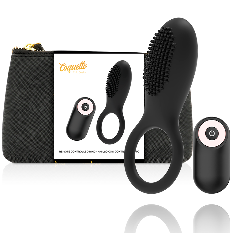 Imagen que nos facilita COQUETTE TOYS de su producto erótico COQUETTE CHIC DESIRE - ANILLO VIBRADOR CONTROL REMOTO RECARGABLE NEGRO / GOLD para nuestra categoría "JUGUETES BIENESTAR |Juguetes para Hombres|Accesorios para el pene|Anillos Pene|Anillos con Vibración".