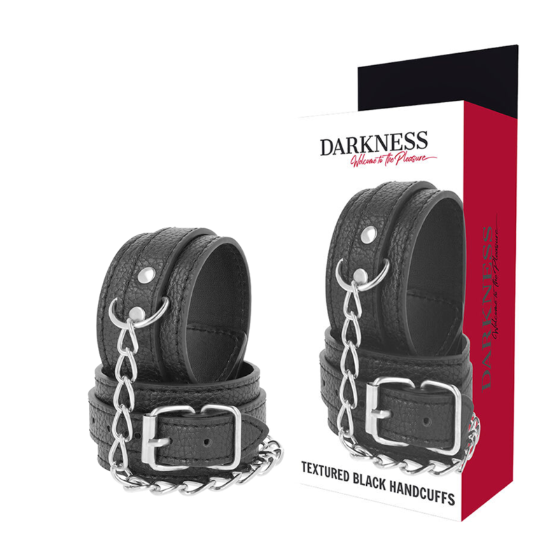 Imagen que nos facilita DARKNESS BONDAGE de su producto erótico DARKNESS - ESPOSAS LEATHER NEGRO TEXTURA para nuestra categoría "BDSM & BONDAGE |Bondage|Esposas".