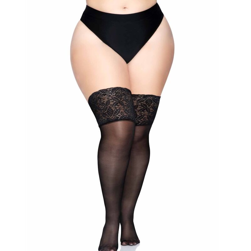 Imagen que nos facilita LEG AVENUE HOSIERY de su producto erótico LEG AVENUE - MEDIAS NEGRAS AUTOADHESIVAS CON ENCAJE ANCHO PLUS SIZE para nuestra categoría "MODA & LENCERÍA|Lencería Mujer|Lencería Sexy|Medias".