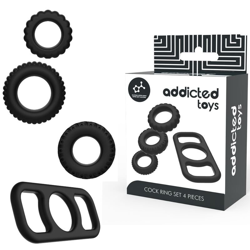 Imagen que nos facilita ADDICTED TOYS de su producto erótico ADDICTED TOYS - SET 4 ANILLOS SILICONA PARA EL PENE para nuestra categoría "JUGUETES BIENESTAR |Juguetes para Hombres|Accesorios para el pene|Anillos Pene|Anillos sin vibración".