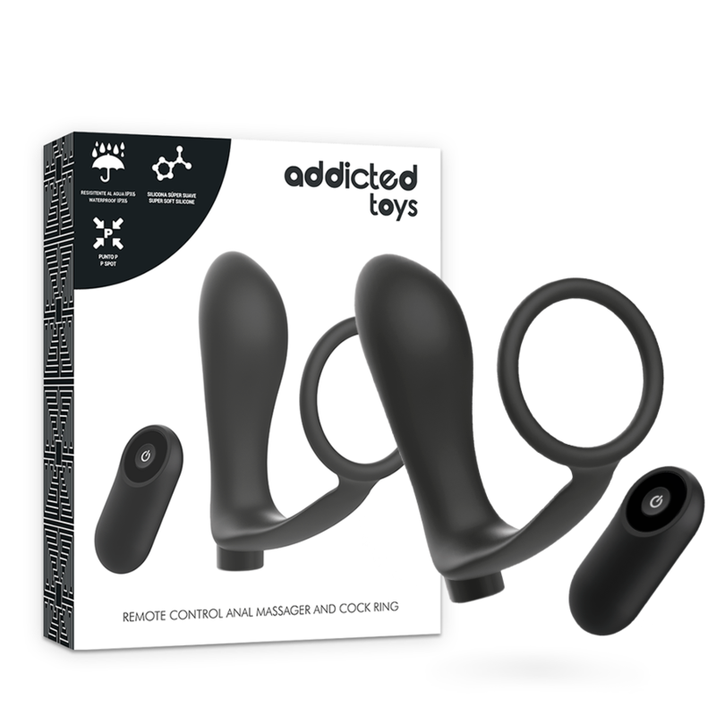 Imagen que nos facilita ADDICTED TOYS de su producto erótico ADDICTED TOYS - ANILLA PENE CON PLUG ANAL CONTROL REMOTO NEGRO RECARGABLE para nuestra categoría "JUGUETES BIENESTAR |Vibradores|Vibradores control remoto".