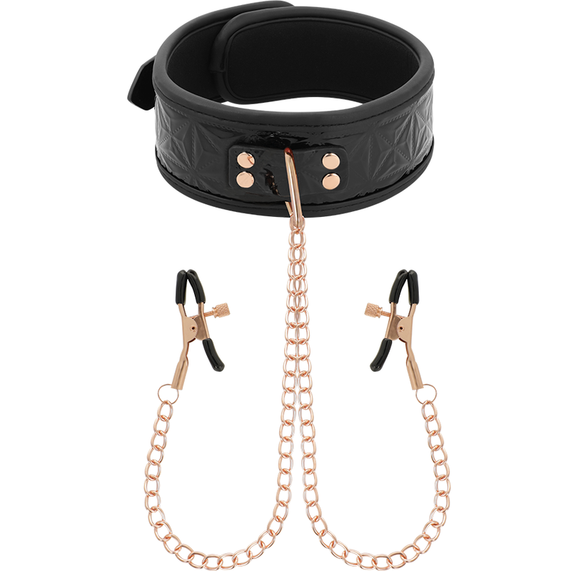 Imagen que nos facilita BEGME BLACK EDITION de su producto erótico BEGME - BLACK EDITION COLLAR CON CADENAS Y PINZAS PEZONES CON FORRO DE NEOPRENO para nuestra categoría "BDSM & BONDAGE |Bondage|Collares".