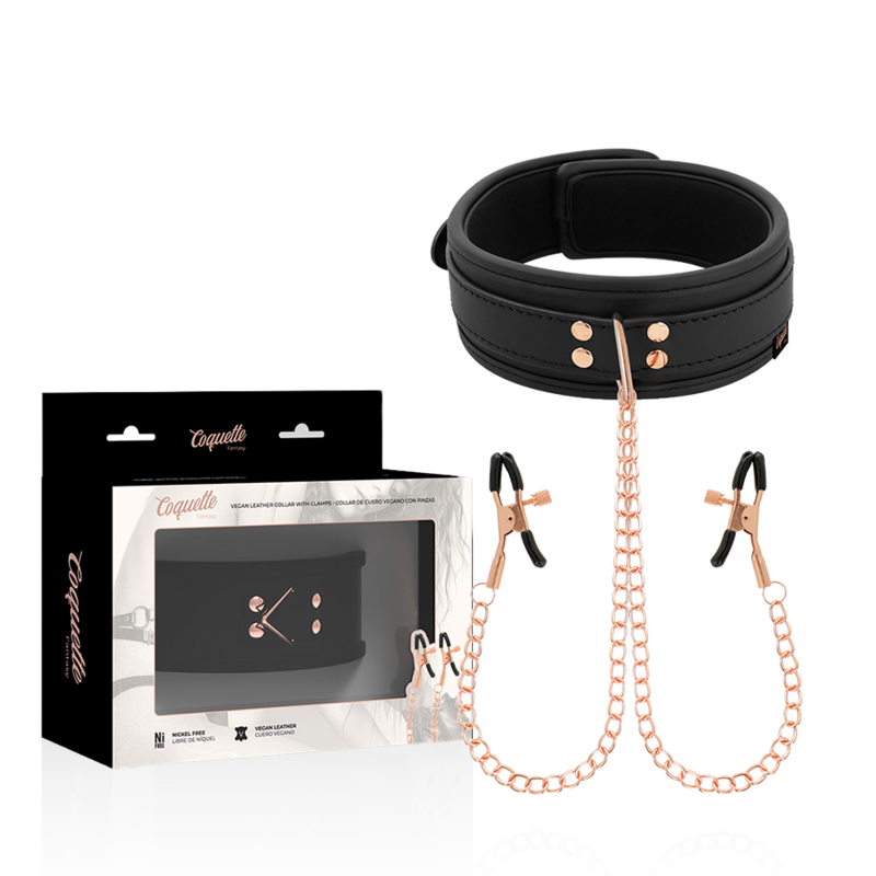 Imagen que nos facilita COQUETTE FANTASY de su producto erótico COQUETTE CHIC DESIRE - FANTASY COLLAR CON PINZAS PEZONES CON FORRO DE NEOPRENO para nuestra categoría "BDSM & BONDAGE |Bondage|Collares".