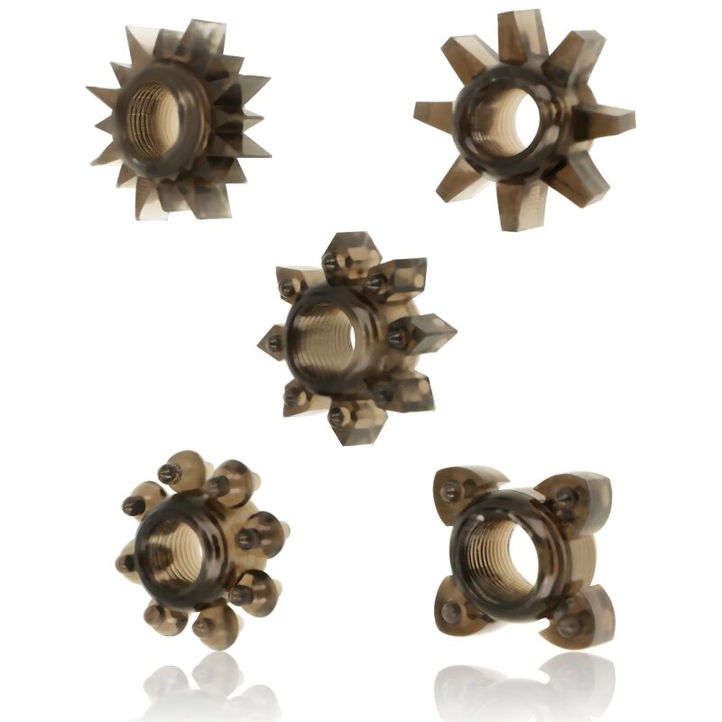 Imagen que nos facilita OHMAMA de su producto erótico OHMAMA - SET 5 ANILLOS SILICONA TESTÍCULOS Y PENE para nuestra categoría "JUGUETES BIENESTAR |Juguetes para Hombres|Accesorios para el pene|Anillos Pene|Anillos sin vibración".