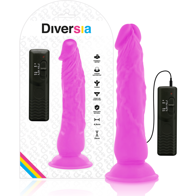 Imagen que nos facilita DIVERSIA de su producto erótico DIVERSIA - DILDO REALÍSTICO FLEXIBLE CON VIBRACIÓN LILA 21 CM -O- 4.9 CM para nuestra categoría "JUGUETES BIENESTAR |Dildos sin Vibración|Dildos para Arneses".