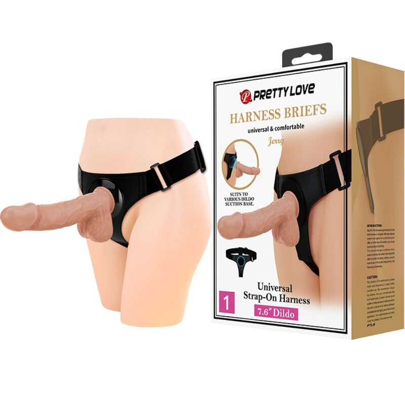 Imagen que nos facilita PRETTY LOVE de su producto erótico PRETTY LOVE - HARNESS BRIEFS ARNÉS UNIVERSAL CON DILDO JERRY 21.8 CM NATURAL para nuestra categoría "JUGUETES BIENESTAR |Arneses|Arneses sin Vibración".