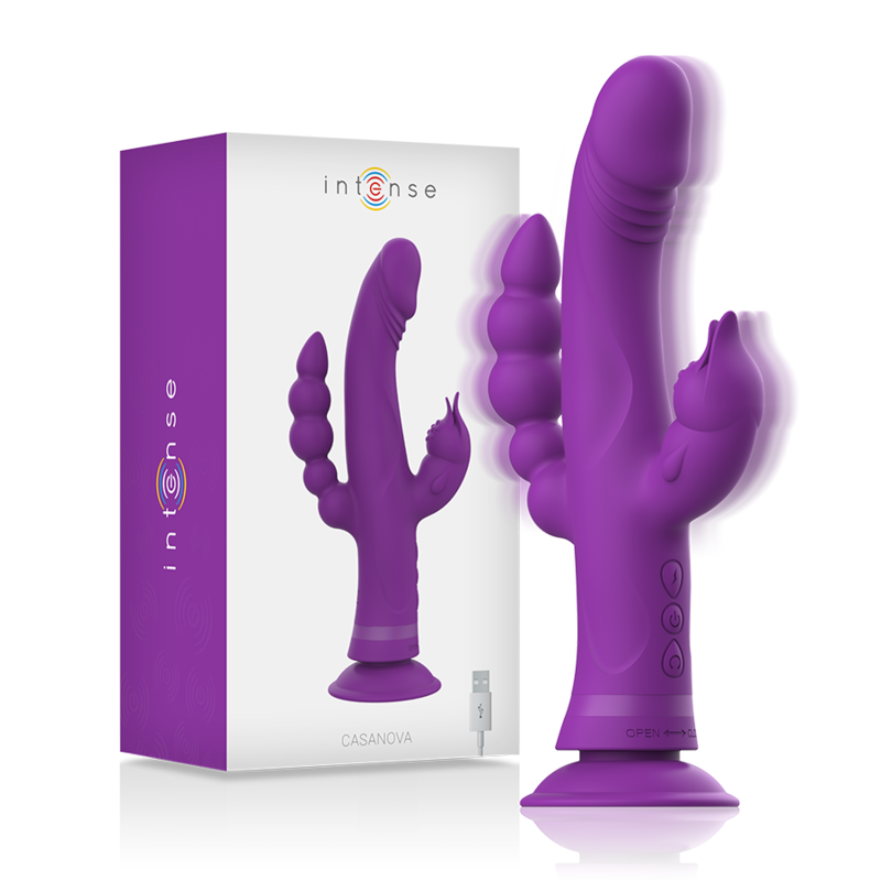 Imagen que nos facilita INTENSE FUN de su producto erótico INTENSE - CASANOVA VIBRADOR RABBIT SILICONA TRIPLE MOTOR MORADO para nuestra categoría "JUGUETES BIENESTAR |Vibradores|Vibradores Rabbit".