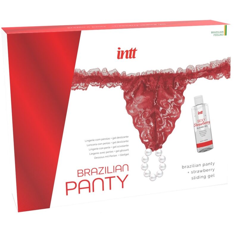 Imagen que nos facilita INTT RELEASES de su producto erótico INTT RELEASES - PANTY BRASILEÑO ROJA CON PERLAS Y GEL LUBRICANTE 50 ML para nuestra categoría "DROGUERÍA |Lubricantes|Kits Lubricantes".