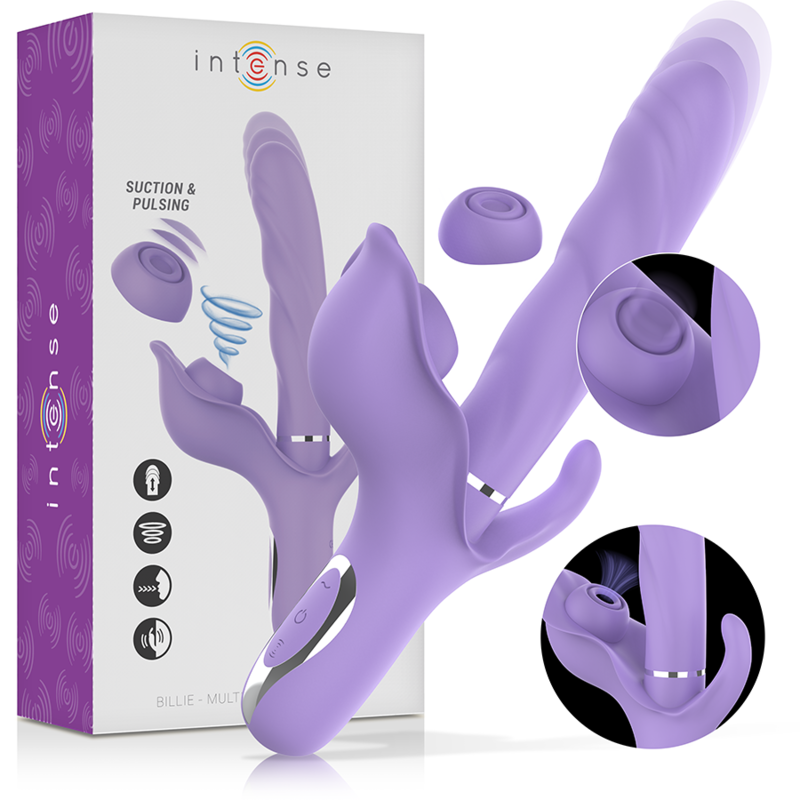 Imagen que nos facilita INTENSE FUN de su producto erótico INTENSE - BILLIE VIBRADOR MULTIFUNCIÓN RECARGABLE SUCCIONADOR CON PULSADOR MORADO para nuestra categoría "JUGUETES BIENESTAR |Vibradores|Vibradores Rabbit".