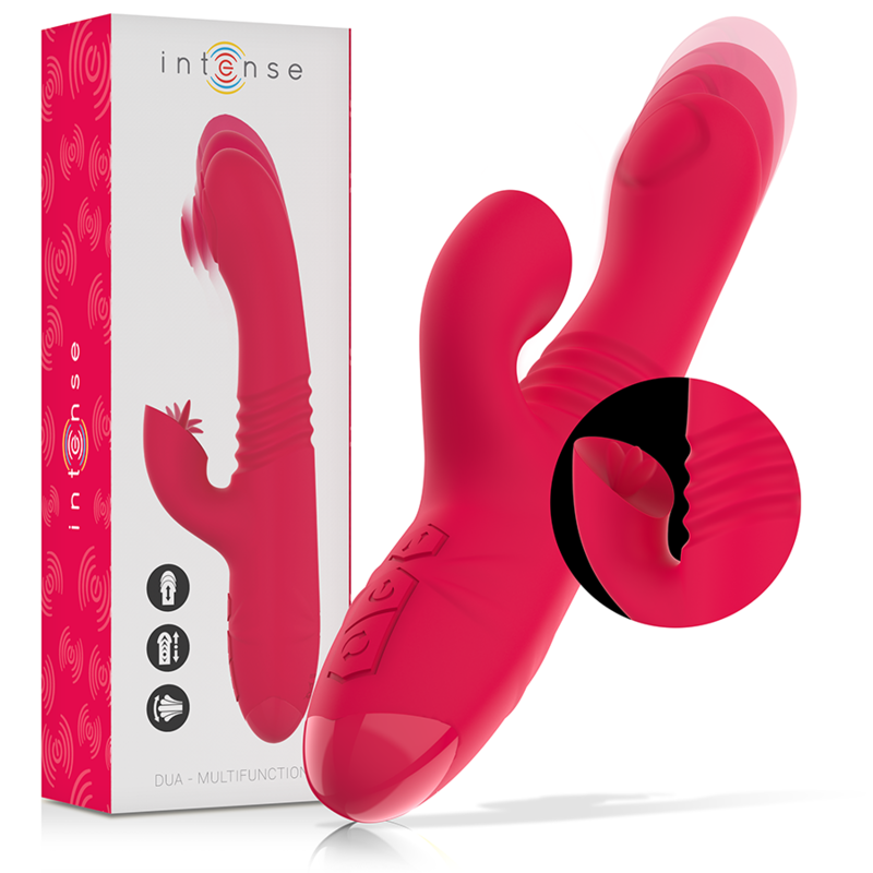 Imagen que nos facilita INTENSE FUN de su producto erótico INTENSE - DUA VIBRADOR MULTIFUNCIÓN RECARGABLE UP & DOWN CON LENGUA ROJO para nuestra categoría "JUGUETES BIENESTAR |Vibradores|Vibradores Rabbit".