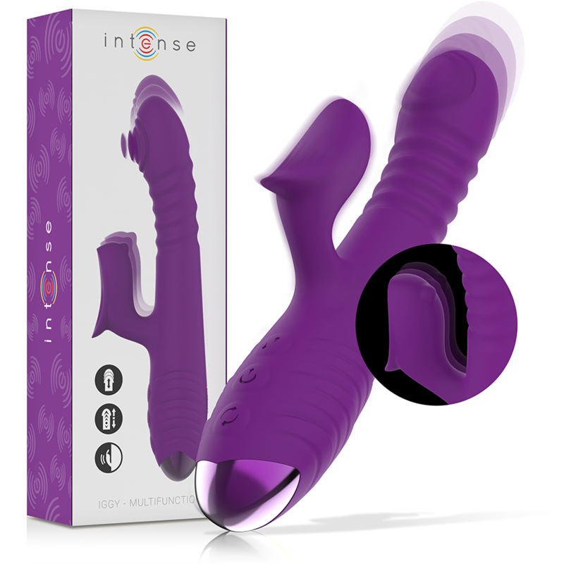 Imagen que nos facilita INTENSE FUN de su producto erótico INTENSE - IGGY VIBRADOR MULTIFUNCIÓN RECARGABLE UP & DOWN CON ESTIMULADOR DE CLITORIS MORADO para nuestra categoría "JUGUETES BIENESTAR |Vibradores|Vibradores Rabbit".
