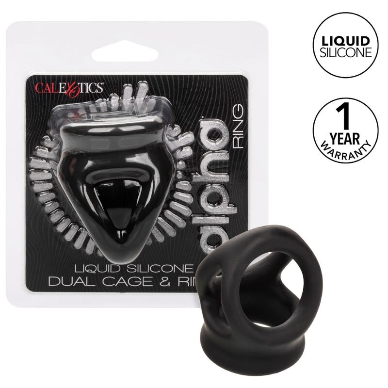 Imagen que nos facilita CALEXOTICS de su producto erótico CALEXOTICS - ALPHA ANILLO DE JAULA DOBLE NEGRO para nuestra categoría "JUGUETES BIENESTAR |Juguetes para Hombres|Accesorios para el pene|Anillos Pene|Anillos sin vibración".