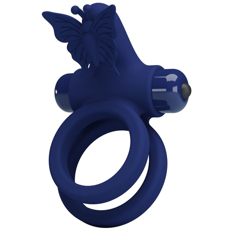 Imagen que nos facilita PRETTY LOVE MALE de su producto erótico PRETTY LOVE - JAMELE DOBLE ANILLO CON VIBRACIÓN & ESTIMULADOR MARIPOSA AZUL para nuestra categoría "JUGUETES BIENESTAR |Juguetes para Hombres|Accesorios para el pene|Anillos Pene|Anillos con Vibración".
