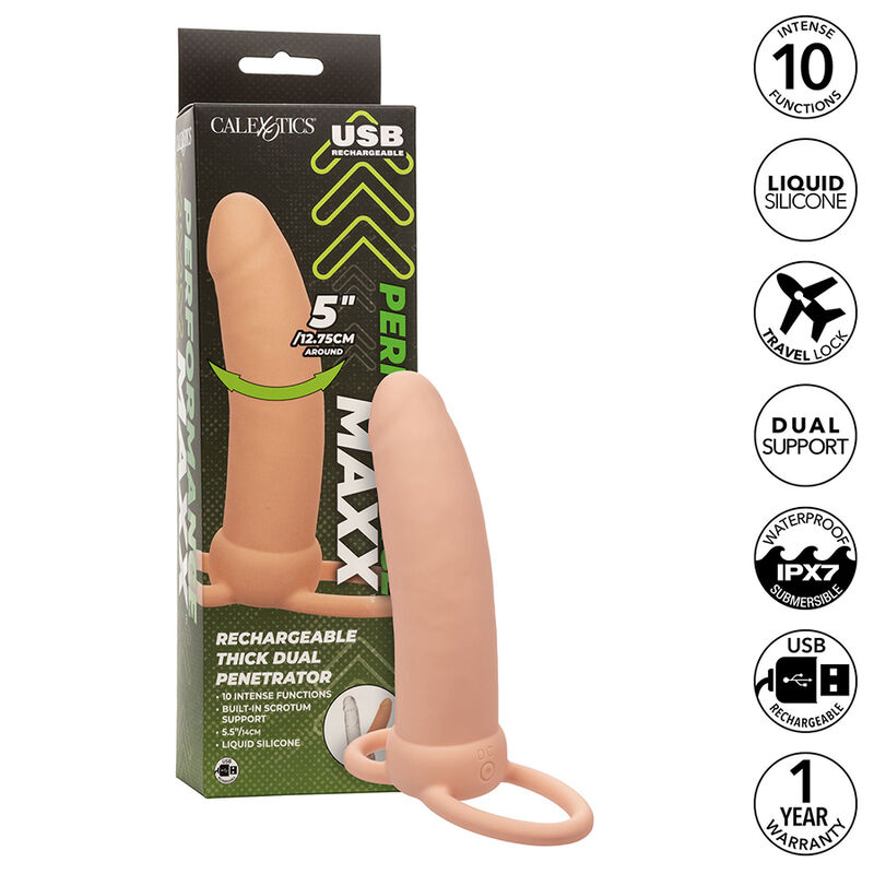 Imagen que nos facilita CALEXOTICS de su producto erótico CALEXOTICS - MAXX DOBLE PENETRADOR GRUESO 10 VIBRACIONES NATURAL para nuestra categoría "JUGUETES BIENESTAR |Juguetes para Hombres|Accesorios para el pene|Extensor pene con Arnés".