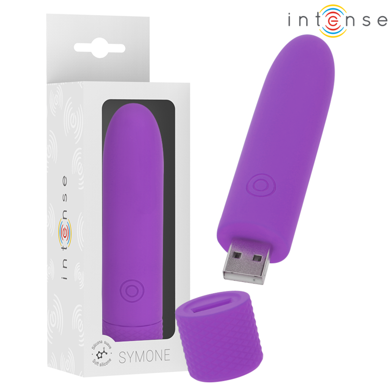 Imagen que nos facilita INTENSE FUN de su producto erótico INTENSE - SYMONE BALA VIBRADORA RECARGABLE POR USB 8 VIBRACIONES MORADO 10 X 2.2 CM para nuestra categoría "JUGUETES BIENESTAR |Juguetes para Mujeres|Estimuladores|Balas vibradoras".