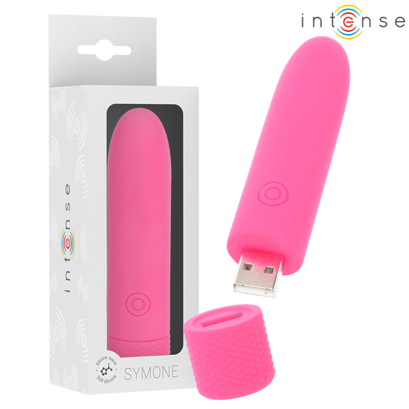 Imagen que nos facilita INTENSE FUN de su producto erótico INTENSE - SYMONE BALA VIBRADORA RECARGABLE POR USB 8 VIBRACIONES ROSA 10 X 2.2 CM para nuestra categoría "JUGUETES BIENESTAR |Juguetes para Mujeres|Estimuladores|Balas vibradoras".