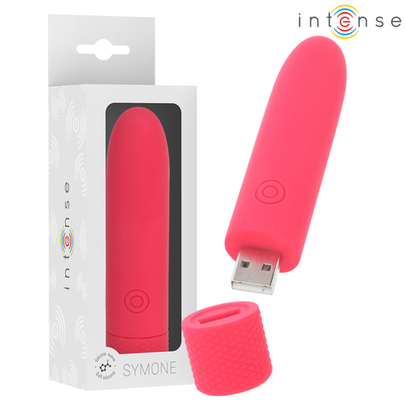 Imagen que nos facilita INTENSE FUN de su producto erótico INTENSE - SYMONE BALA VIBRADORA RECARGABLE POR USB 8 VIBRACIONES ROJO 10 X 2.2 CM para nuestra categoría "JUGUETES BIENESTAR |Juguetes para Mujeres|Estimuladores|Balas vibradoras".