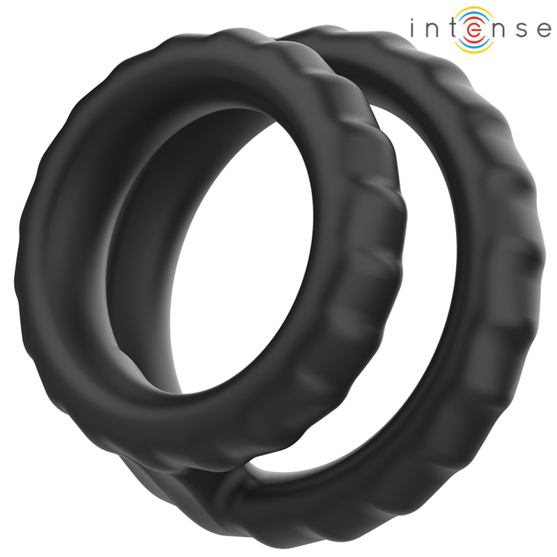 Imagen que nos facilita INTENSE COUPLES TOYS de su producto erótico INTENSE - DEWEY ANILLO DOBLE PARA PENE SILICONA NEGRO MODELO 2 para nuestra categoría "JUGUETES BIENESTAR |Juguetes para Hombres|Accesorios para el pene|Anillos Pene|Anillos sin vibración".