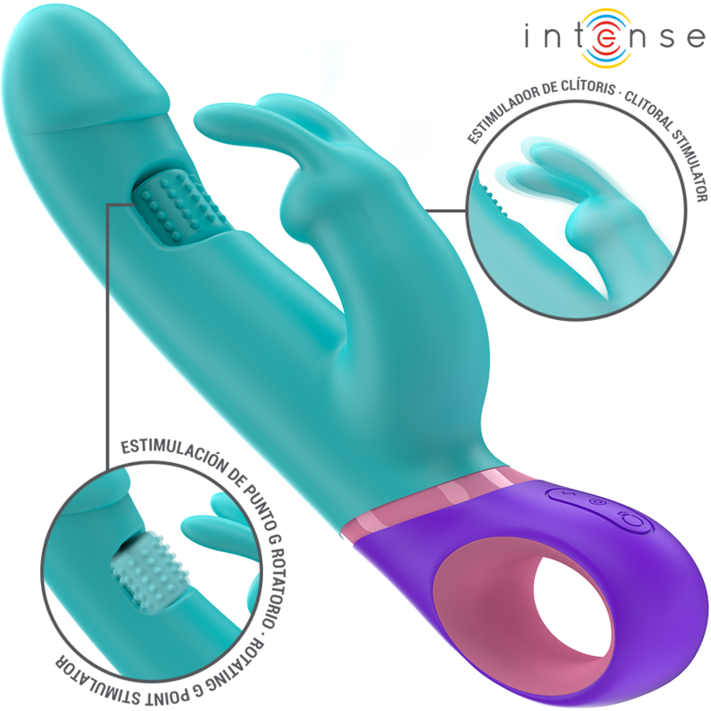 Imagen que nos facilita INTENSE FUN de su producto erótico INTENSE - MÓNICA VIBRADOR RABBIT CON ESTIMULADOR ROTATORIO DEL PUNTO G AZUL para nuestra categoría "JUGUETES BIENESTAR |Vibradores|Vibradores Punto G".