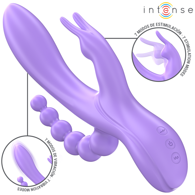 Imagen que nos facilita INTENSE FUN de su producto erótico INTENSE - MIKO TRIPLE VIBRADOR RABBIT & ESTIMULADOR & ANAL 7 VIBRACIONES MORADO para nuestra categoría "JUGUETES BIENESTAR |Vibradores|Vibradores HI-TECH".