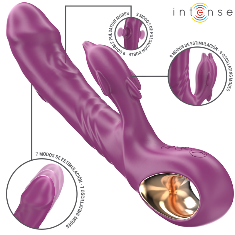 Imagen que nos facilita INTENSE FUN de su producto erótico INTENSE - HALLE VIBRADOR MULTIFUNCIÓN CON LENGUA ESTIMULADORA EN FORMA DE DELFÍN MORADO para nuestra categoría "JUGUETES BIENESTAR |Vibradores|Vibradores HI-TECH".