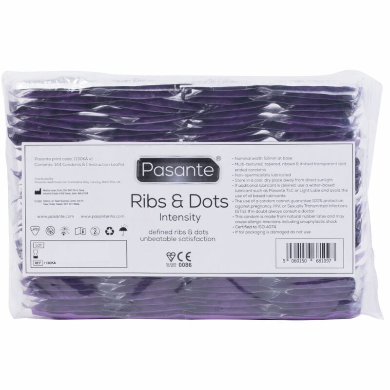 Imagen que nos facilita PASANTE de su producto erótico PASANTE - RIBS & DOTS PRESERVATIVOS INTENSITY 144 UNIDADES para nuestra categoría "PRESERVATIVOS |Todos los tamaños de cajas|Cajas de 30 a 288".