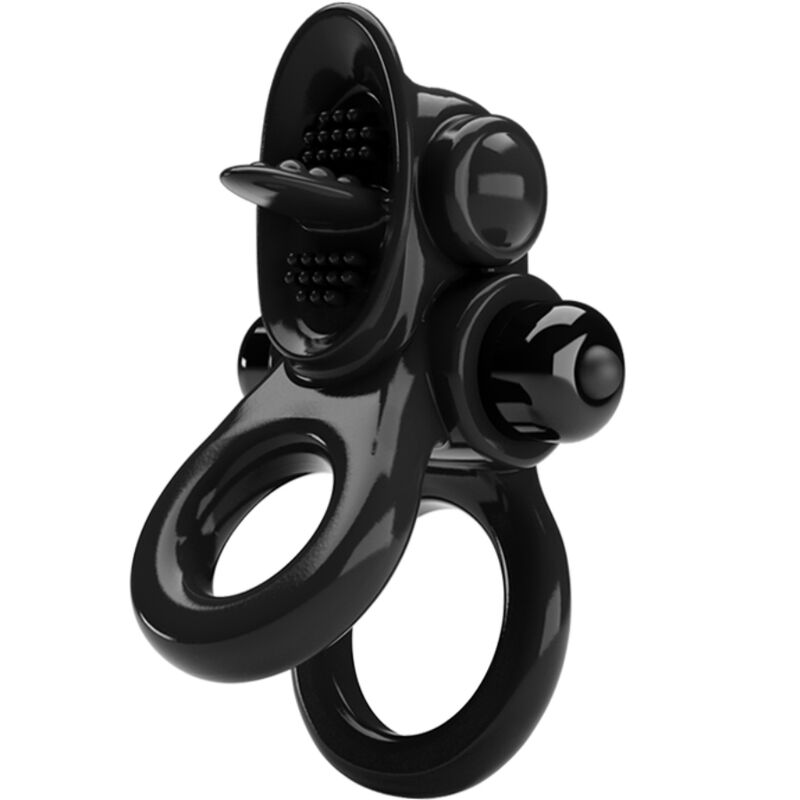 Imagen que nos facilita PRETTY LOVE de su producto erótico PRETTY LOVE - PASSIONATE RING DOBLE ANILLO VIBRADOR + ESTIMULADOR CLÍTORIS NEGRO para nuestra categoría "JUGUETES BIENESTAR |Juguetes para Hombres|Accesorios para el pene|Anillos Pene|Anillos con Vibración".