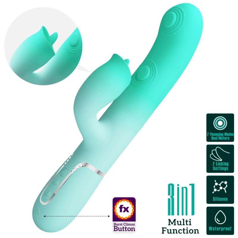 Imagen que nos facilita PRETTY LOVE FLIRTATION de su producto erótico PRETTY LOVE - GIGI VIBRADOR RABBIT MULTIFUNCIÓN VERDE AGUA para nuestra categoría "JUGUETES BIENESTAR |Vibradores|Vibradores Rabbit".