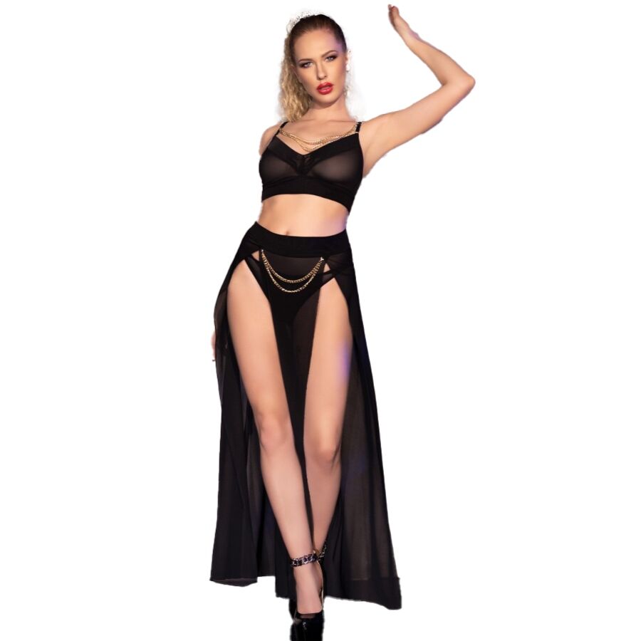 Imagen que nos facilita CHILIROSE SETS de su producto erótico CHILIROSE - CR 4672 TOP NEGRO FALDA Y TANGA CON CADENAS DORADAS M para nuestra categoría "MODA & LENCERÍA|Lencería Mujer|Lencería Picante|Conjunto de lencería sexy".