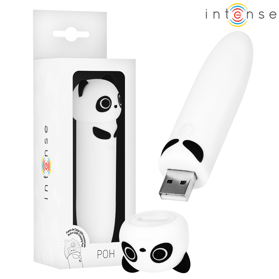Imagen que nos facilita INTENSE FUN de su producto erótico INTENSE - POH BALA VIBRADORA PANDA RECARGABLE USB 10 X 2.2 CM para nuestra categoría "JUGUETES BIENESTAR |Juguetes para Mujeres|Estimuladores|Balas vibradoras".