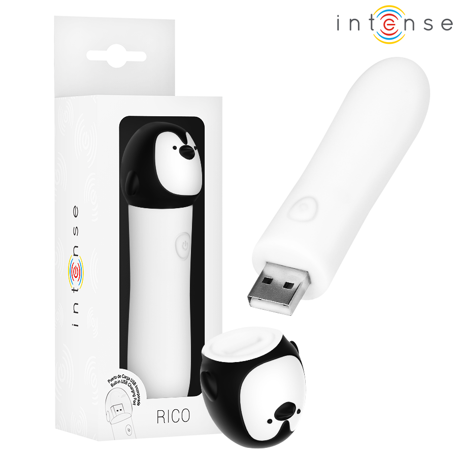 Imagen que nos facilita INTENSE FUN de su producto erótico INTENSE - RICO BALA VIBRADORA PINGÜINO RECARGABLE USB 10 X 2.2 CM para nuestra categoría "JUGUETES BIENESTAR |Juguetes para Mujeres|Estimuladores|Balas vibradoras".