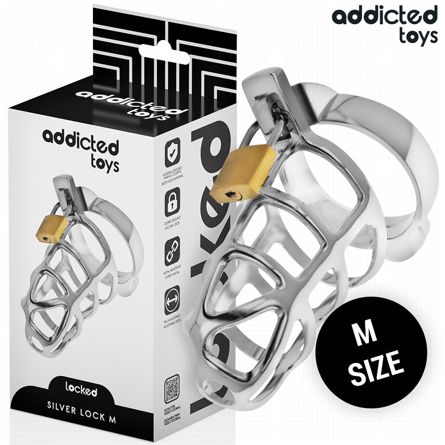 Imagen que nos facilita ADDICTED TOYS LOCKED de su producto erótico ADDICTED TOYS LOCKED - SILVER LOCK JAULA PARA PENE DE METAL TALLA M para nuestra categoría "BDSM & BONDAGE |Artículos BDSM|Jaulas Pene BDSM".