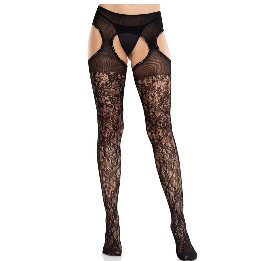 Imagen que nos facilita LEG AVENUE HOSIERY de su producto erótico LEG AVENUE - MEDIAS DE ENCAJE FLORAL CON LIGAS UNIDAS NEGRO para nuestra categoría "MODA & LENCERÍA|Lencería Mujer|Lencería Picante|Medias con Liguero".