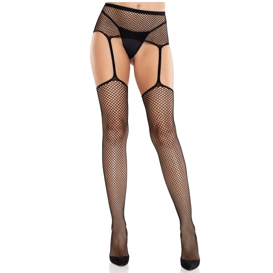 Imagen que nos facilita LEG AVENUE HOSIERY de su producto erótico LEG AVENUE - MEDIAS DE ENCAJE CON CRUZ Y PORTALIGAS NEGRO para nuestra categoría "MODA & LENCERÍA|Lencería Mujer|Lencería Picante|Medias con Liguero".