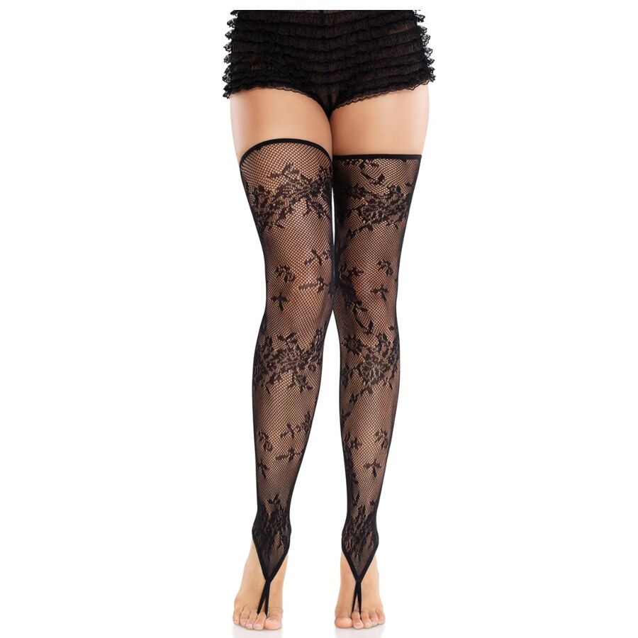 Imagen que nos facilita LEG AVENUE HOSIERY de su producto erótico LEG AVENUE - MEDIAS SIN PIES DE ENCAJE FLORAL NEGRO para nuestra categoría "MODA & LENCERÍA|Lencería Mujer|Lencería Sexy|Medias".