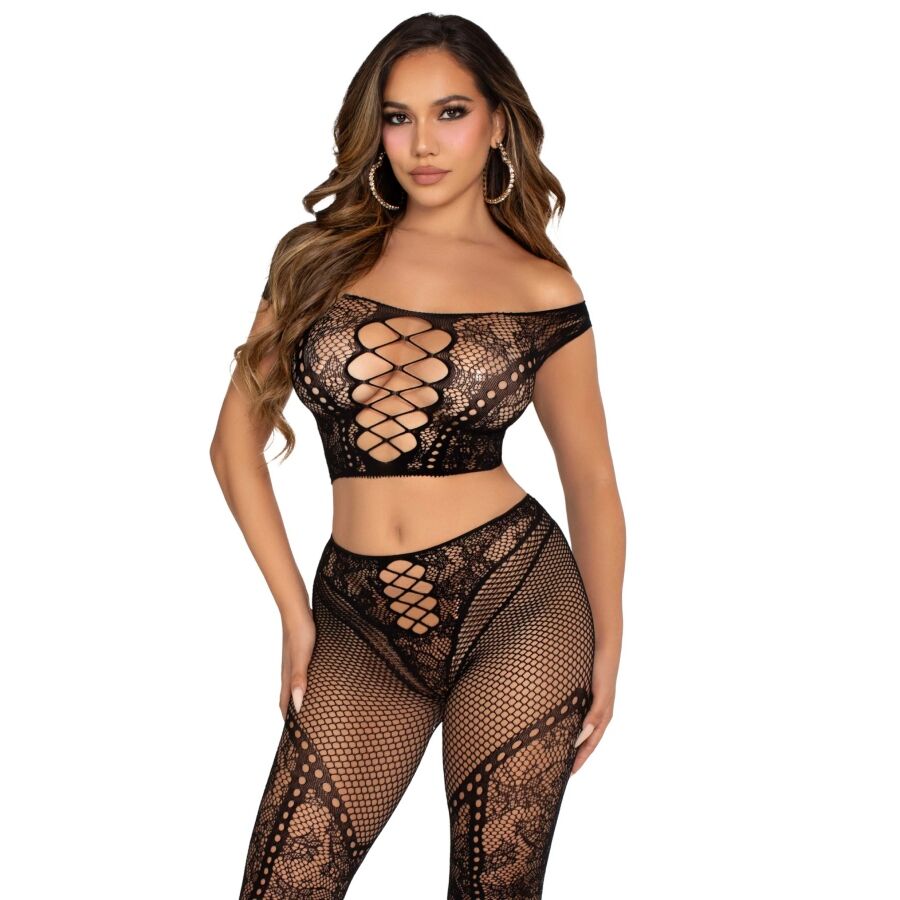 Imagen que nos facilita LEG AVENUE SETS de su producto erótico LEG AVENUE - CROP TOP Y LEGGING DE REJILLA CON HOMBROS DESCUBIERTOS NEGRO para nuestra categoría "MODA & LENCERÍA|Lencería Mujer|Lencería Sexy|Top y parte inferior".